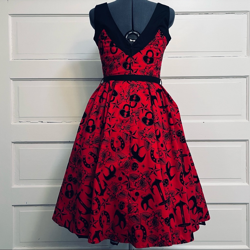 Hell Bunny Vixen ⚓️ Sailor Tattoo Flocked Swing Dress - Small - Picture 4 of 12